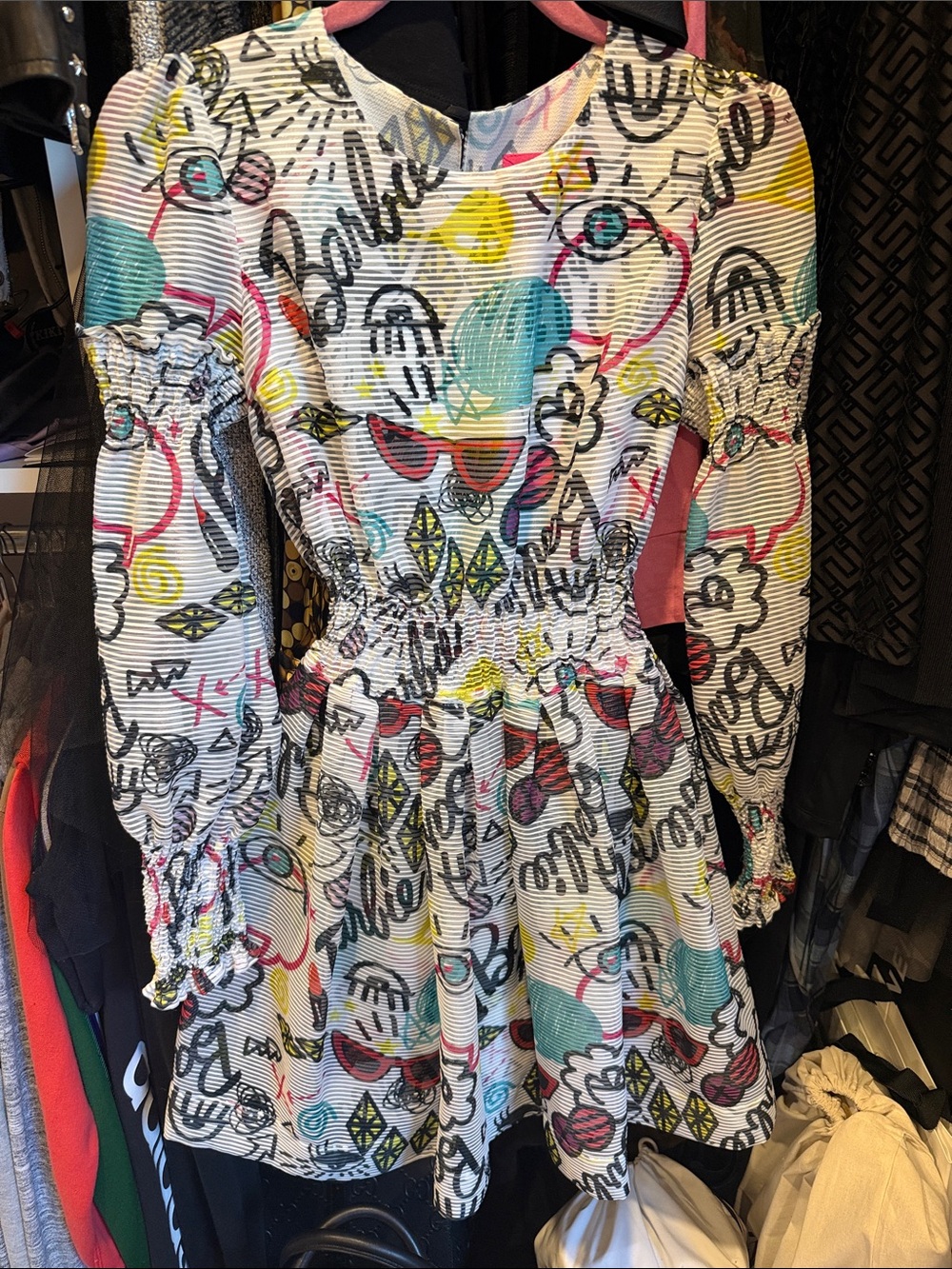 White Multicolor Graphic Smocked-Waist Mini Dress
